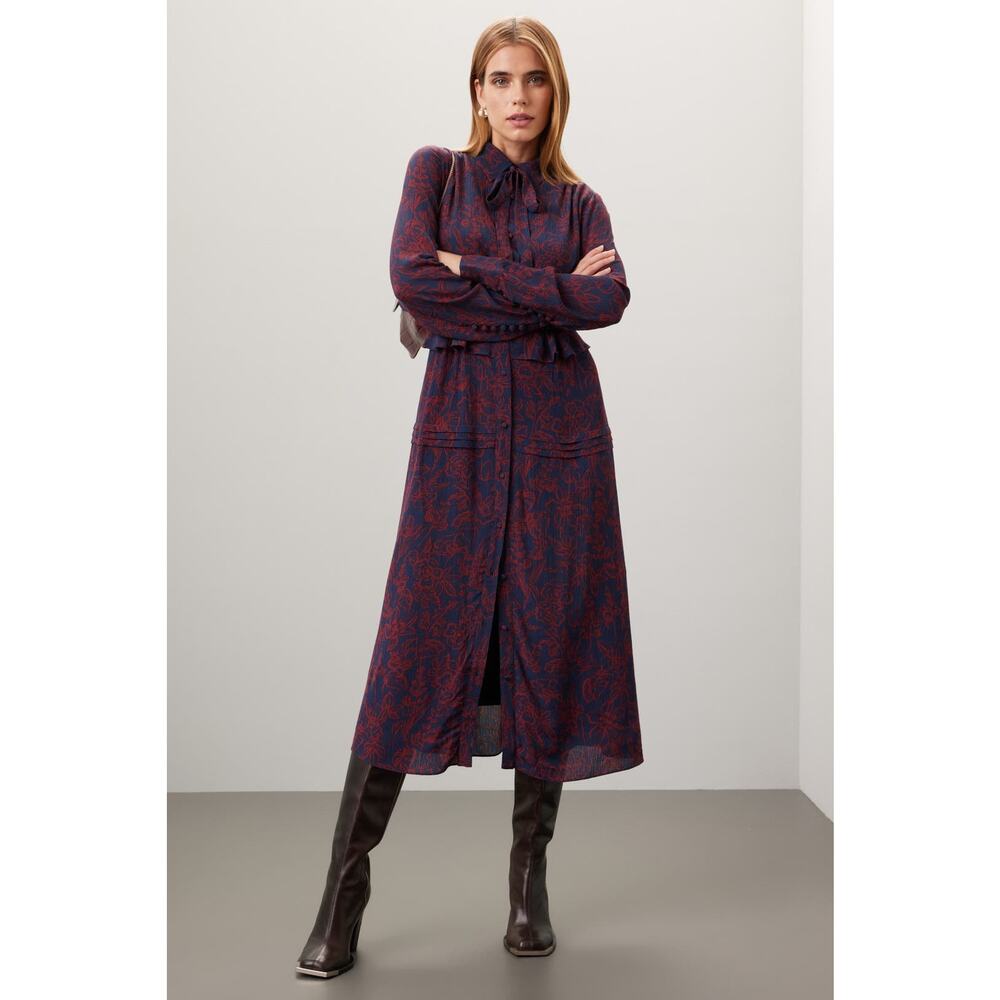 Jason Wu Print Midi Shirt Dress Blue Red Tie Neck Button Front Long Sleeve Sz 10